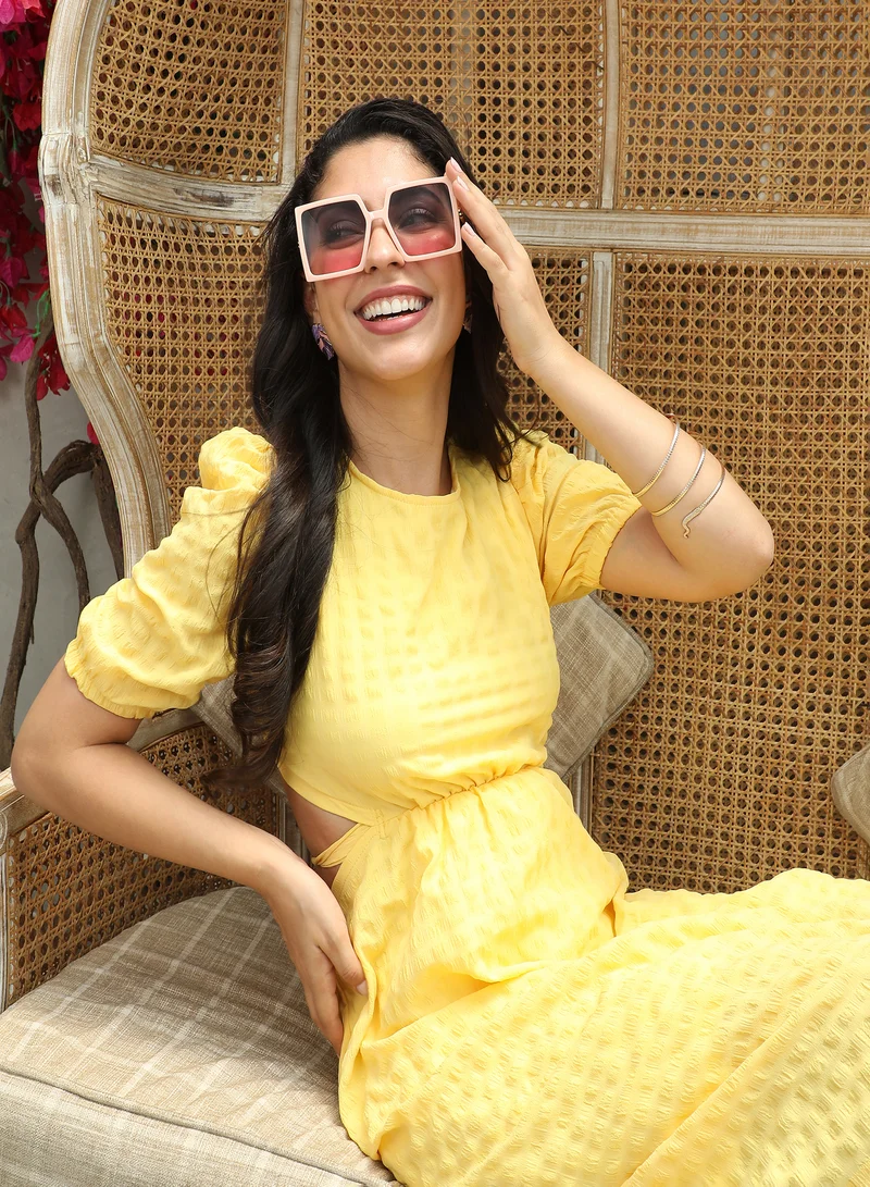 PINACOLADA Women's Lemon Yellow Open-Back Midi Dress For Casual Wear | Round Neck | Short Sleeve | Pull On Closure | Dress Designed With Comfort Fit For Woman & Girls